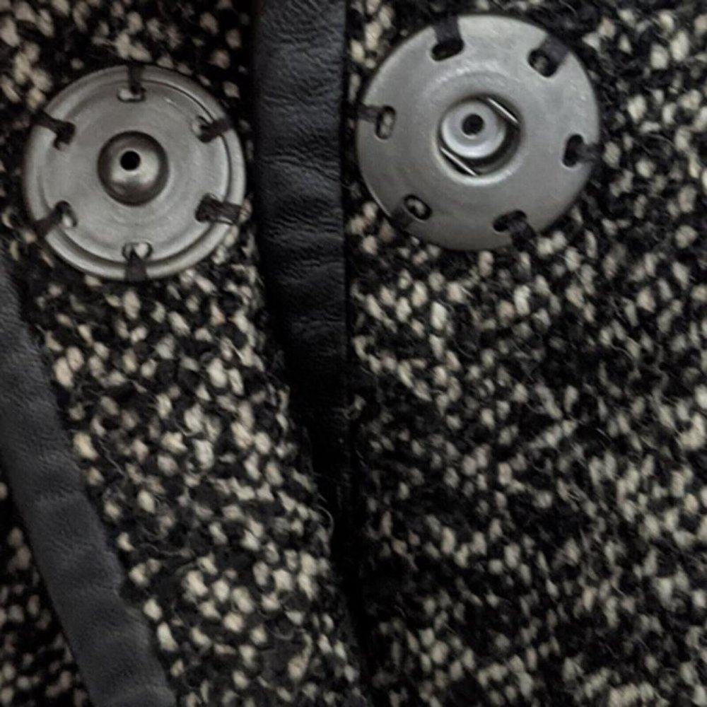 ⚜️ EILEEN FISHER ⚜️ sz L black tweed & leather lighter coat jacket transitional - Picture 10 of 11